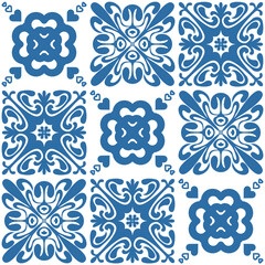 Spanish traditional Azulejo tiles for interior decoration, textiles and design. Vector illustration blue white color square shape