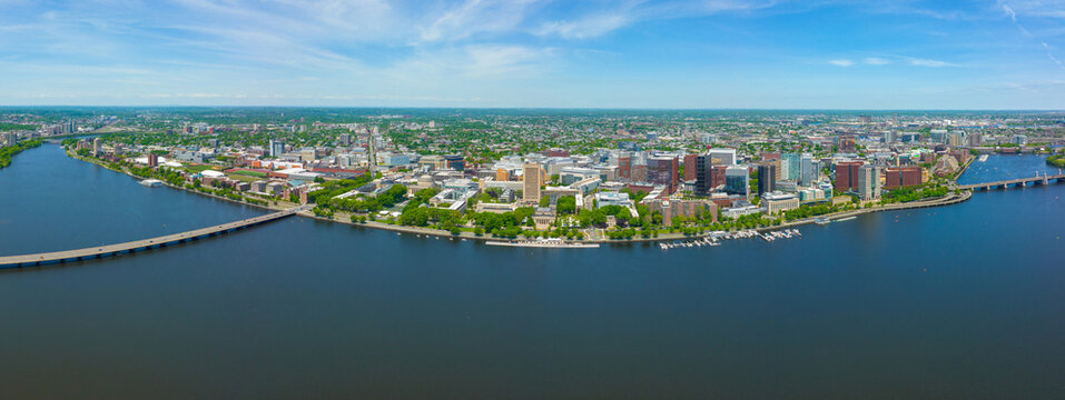 Cambridge modern city skyline panorama including Massachusetts Institute of Technology MIT aerial view from Charles River, Cambridge, Massachusetts MA, USA. 