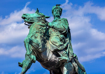 Fototapeta na wymiar Bohdan Khmelnytsky equestrian statue, Sofiyskaya Square, Kiev, Ukraine. Founder of Ukraine Cossack State in 1654. Statue created 1881 by Sculptor Mikhail Mykeshin