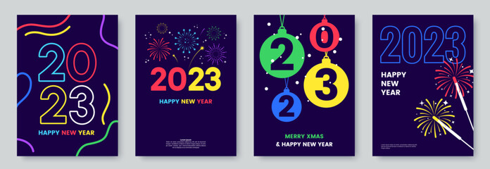 Happy New Year 2023 greeting card collection in neon colours. Posters template with minimalistic graphics and typography. Creative concept for banner, flyer, cover, social media. Vector illustration.