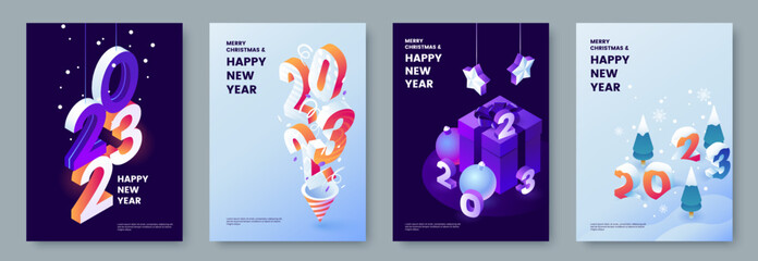 Happy New Year 2023 posters collection in isometric style. Greeting card template with isometric graphics and typography. Creative concept for banner, flyer, cover, social media. Vector illustration. - obrazy, fototapety, plakaty