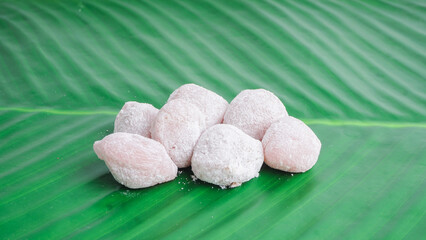 Delicious mini mochi on wooden board. homemade food. selective focus