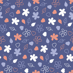 Fototapeta premium Cute seamless pattern on purple background, flower heart leaf pastel color, vector illustration for textile and wrapping paper