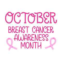 October breast cancer awareness month poster with pink ribbon illustration. Support women health. Vector design banner.