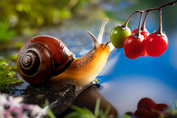 a cute snail reaches colorful berries in nature dreamy background