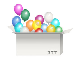 Gruppe mit fliegende, durchsichtige bunte Helium Luftballons aus dem weißem Karton,
Vektor Illustration isoliert auf weißem Hintergrund
