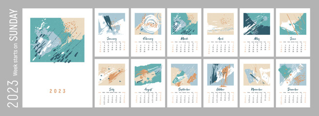 2023 Monthly Wall calendar. Abstract design. 2023. Set of 12 months. Week starts on Sunday. Concept, vector editable calender page template. Vertical. Abstract artistic illustration. Pastel.