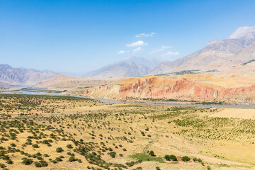 Anjirob-I Bolo, Khatlon Province, Tajikistan. Mountains and the Panj River valley.