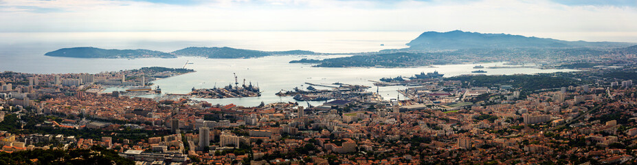 Scenic aerial view of Toulon city and Mediterranean coast, France