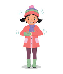 cute little girl feeling cold trembling wear warm winter clothes 