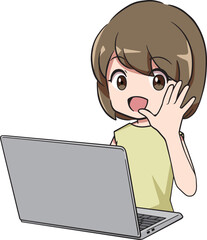 パソコン前で呼びかける女性