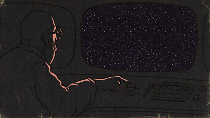 Elder Man Flying UFO 2D Illustration