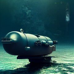 3D rendering. Bathyscaphe at the bottom, research work