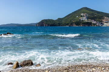 Coastline scenery View from Exotic beach Sveti Nikola island to the budva riviera. the main excursion site Montenegro, Adriatic sea, Europe. Paradise beach on an island in the sea. High quality photo.
