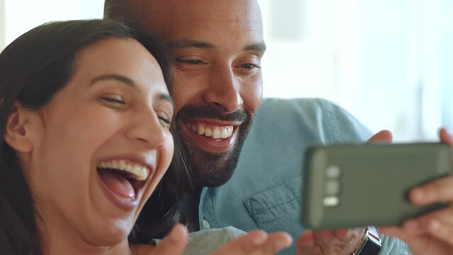 Couple On A Phone Video Call Blowing A Kiss Goodbye And Wave To A Friend In A Virtual Conversation At Home. Communication, Smile And Happy Woman With Partner Love Being Connected With Friends Online