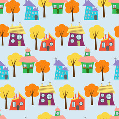 Colorful houses with autumn trees - seamless pattern. Vector illustration on a blue background. For stationery, websites and web pages, websites, prints, textiles and clothing, childrens products