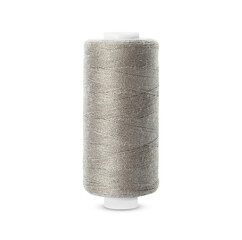 Spool of light grey sewing thread isolated on white