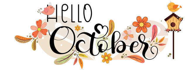 Hello October. OCTOBER month vector with flowers and leaves. Decoration floral. Illustration month October	