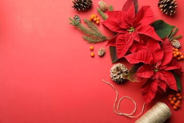 Flat lay composition with poinsettias (traditional Christmas flowers) and decor on red background. Space for text