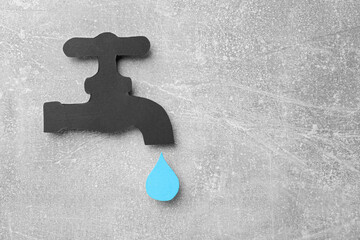 Save water concept. Paper tap with drop on light grey table, flat lay and space for text