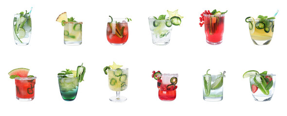 Set of different spicy cocktails with jalapenos on white background. Banner design