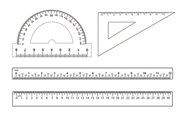 Rulers, triangle and protractor on white background, collage. Illustration