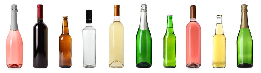 Set with bottles of different alcohol drinks on white background. Banner design