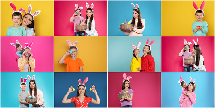 Collage photos of people wearing bunny ears headbands on different color backgrounds, banner design. Happy Easter