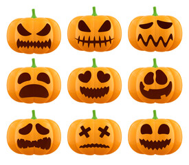Set of Halloween pumpkin heads with different emotions. 3D rendered image.