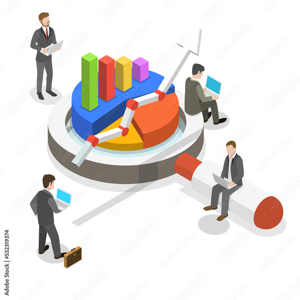 Poster data analysis flat isometric concept.
