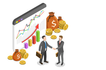 Flat isometric concept of affiliate business, marketing strategy, referral program, partnership.