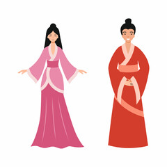 Asian family. Man and woman oriental appearance. Traditional clothing of Taiwan residents.