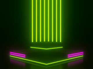 Black geometric podium with green and pink neon lights.