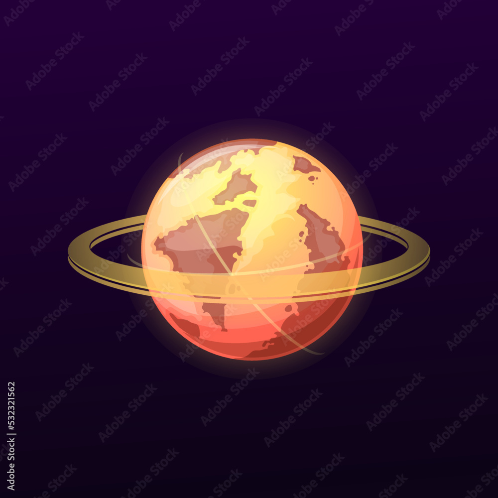 Poster galaxy planet with many rings, vector space globe, glowing orange sphere in universe. fantasy ui gam