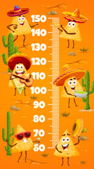 Kids height chart ruler with funny cartoon mexican nachos chips. Children growth measure chart vector wall poster or kindergarten child height meter with cute mexican chips characters in sombrero hats