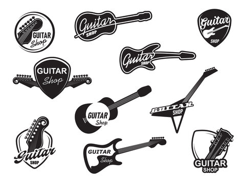 Electric and acoustic guitar music instruments shop icons. Music equipment store, maintenance and repair service workshop monochrome vector icons with electric guitar and pick symbols
