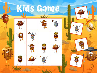 Wild west sudoku game. Sheriff, cowboys and bandits nut characters at mexican desert on puzzle game worksheet, vector quiz. Kids sudoku with hazelnut, coffee bean, macadamia, cashew and sunflower seed