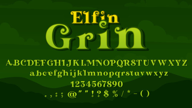 Magic font, Medieval typeface or fairy type alphabet, vector fantasy typography text. Cartoon magic font and ABC letters for fairy tale of elf or elfin grin, Medieval green typeface with curly symbols