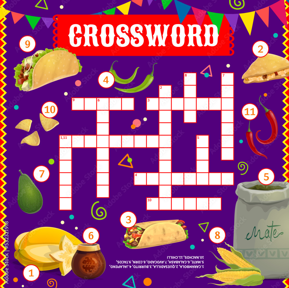 Poster mexican food and meals crossword grid worksheet. find a word vector quiz game and education puzzle. 