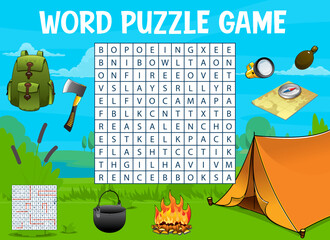 Camping and travel. Word search puzzle game worksheet. Child educational riddle, intellectual puzzle or vector vocabulary quiz with bonfire, bowler and ax, map, flask and tent, flashlight, backpack