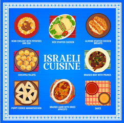 Israeli cuisine restaurant menu. Bean cholent, braised lamb with apricots and cookie Hamantaschen, sauce, rice stuffed chicken and almond stuffed chicken breasts, beef with prunes, chickpea falafel