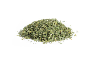 Alfalfa Leaf, Cut and Sifted, in Heap or Pile Isolated on White in Side or Three Quarters View