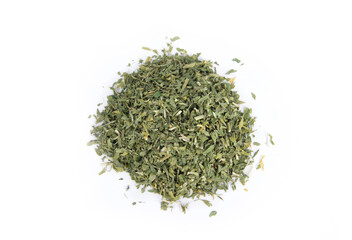 Alfalfa Leaf, Cut and Sifted, in Heap or Pile Isolated on White in Flat Lay or Bird Eye View