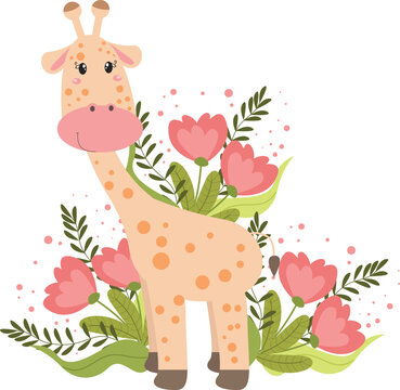 cute giraffe with ornamental flower, illustration vector graphic