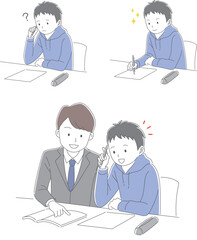 勉強をする男子学生と教える男性教師のイラストセット
