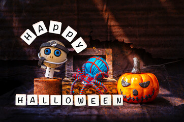 Happy halloween sign with ghost doctor with his blue spider in treasure box with Halloween pumpking on abstract old rusty metal texture background, Halloween concept background