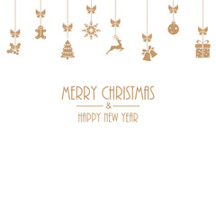 Fototapeta na wymiar Happy New Year and Merry Christmas banner with hanging red Xmas ornaments. Vector