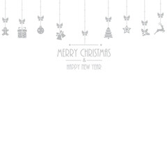 Happy New Year and Merry Christmas banner with hanging red Xmas ornaments. Vector