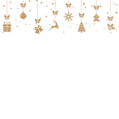 Happy New Year and Merry Christmas banner with hanging red Xmas ornaments. Vector