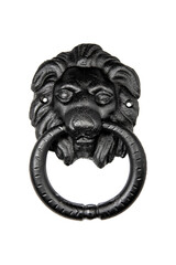 Black Iron lion head door knocker isolated no background 